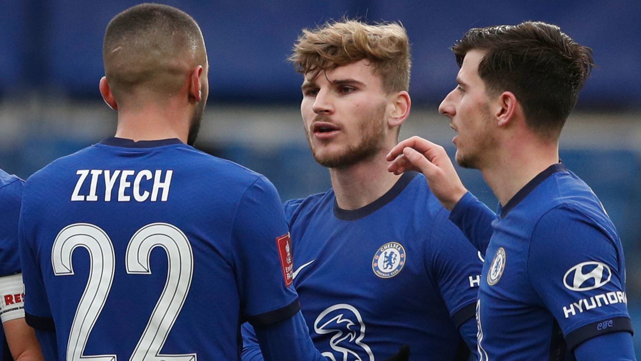 Chelsea's German striker Timo Werner (2R) celebrates with team-mates after scoring their second goal during the English FA Cup third round football match between Chelsea and Morecambe at Stamford Bridge in London on January 10, 2021.
