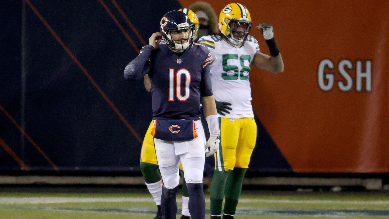 CHICAGO, ILLINOIS - JANUARY 03: Mitchell Trubisky #10 of the Chicago Bears reacts after throwing a interception against the Green Bay Packers during the fourth quarter in the game at Soldier Field on January 03, 2021 in Chicago, Illinois.
