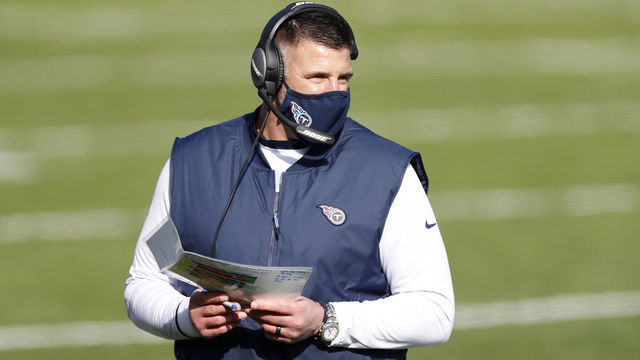NASHVILLE, TENNESSEE - JANUARY 10: Head coach Mike Vrabel of the Tennessee Titans looks on during the first quarter of their AFC Wild Card Playoff game against the Baltimore Ravens at Nissan Stadium on January 10, 2021 in Nashville, Tennessee.