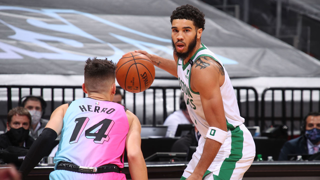 MIAMI, FL - JANUARY 6: Jayson Tatum #0 of the Boston Celtics dribbles the ball during the game against the Miami Heat on January 6, 2021 at American Airlines Arena in Miami, Florida. Mandatory Copyright Notice: Copyright 2021 NBAE