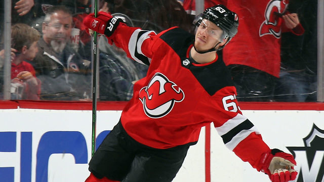 NEWARK, NEW JERSEY - MARCH 06: Jesper Bratt #63 of the New Jersey Devils celebrates his goal against the St. Louis Blues at 8:38 of the first period at the Prudential Center on March 06, 2020 in Newark, New Jersey.
