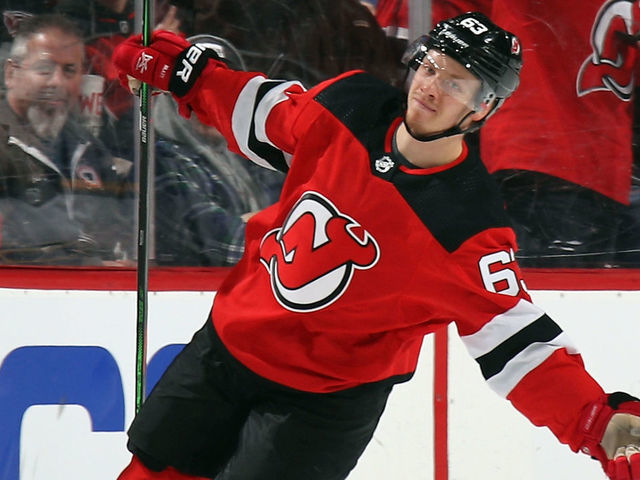 NEWARK, NEW JERSEY - MARCH 06: Jesper Bratt #63 of the New Jersey Devils celebrates his goal against the St. Louis Blues at 8:38 of the first period at the Prudential Center on March 06, 2020 in Newark, New Jersey.