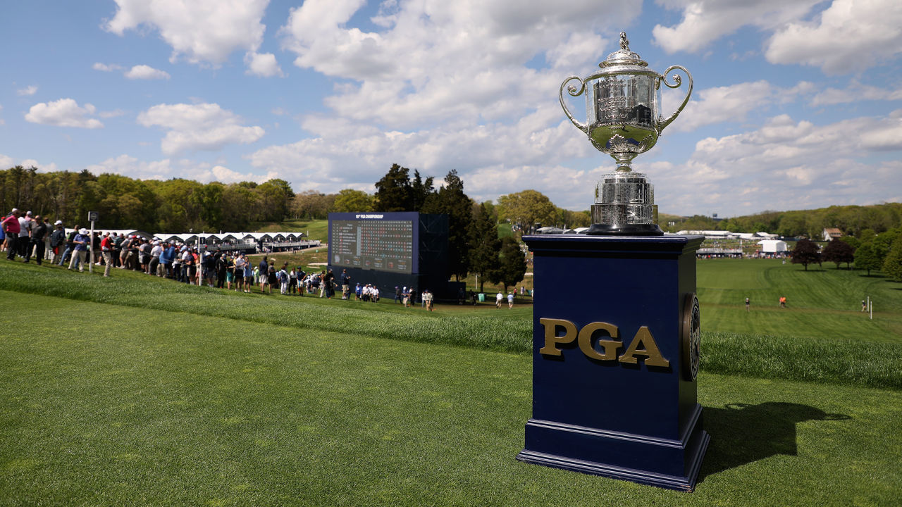 FARMINGDALE, NEW YORK - MAY 16: The Wanamaker Trophy is displayed on the first tee box during the first round of the 2019 PGA Championship at the Bethpage Black course on May 16, 2019 in Farmingdale, New York.