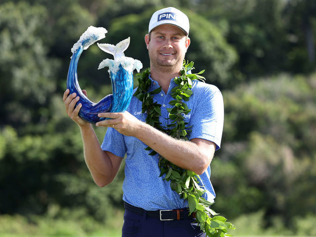 KAPALUA, HAWAII - JANUARY 10: Harris English of the United States poses with the trophy after defeating Joaquin Niemann of Chile (not pictured) in a playoff during the final round of the Sentry Tournament Of Champions at the Kapalua Plantation Course on January 10, 2021 in Kapalua, Hawaii.