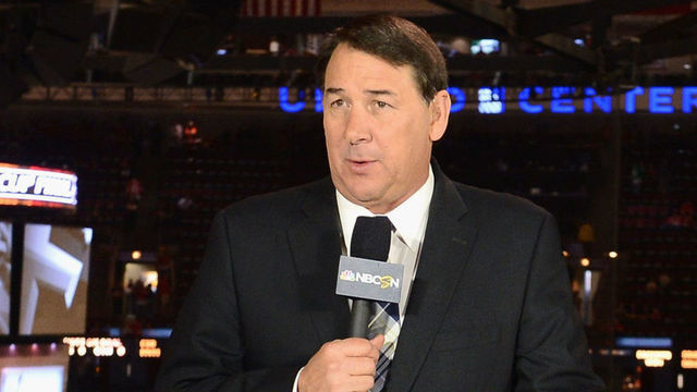 CHICAGO, IL - JUNE 15: (L-R) NBC hockey analysts Liam McHugh, Mike Milbury and Keith Jones discuss Game Two of the 2013 Stanley Cup Final between the Chicago Blackhawks and the Boston Bruins at the United Center on June 15, 2013 in Chicago, Illinois.