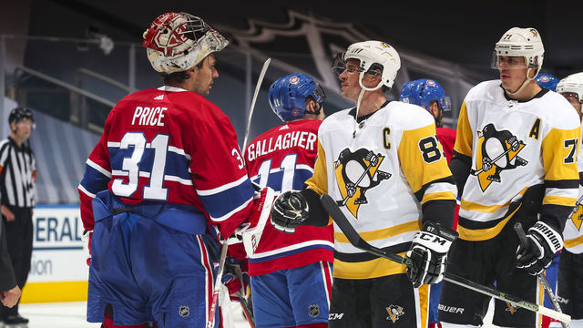 TORONTO, ONTARIO - AUGUST 07: Carey Price #31 of the Montreal Canadiens and Sidney Crosby #87 of the Pittsburgh Penguins bump fists after Game Four of the Eastern Conference Qualification Round at Scotiabank Arena on August 07, 2020 in Toronto, Ontario. Montreal Canadiens eliminated the Pittsburgh Penguins.