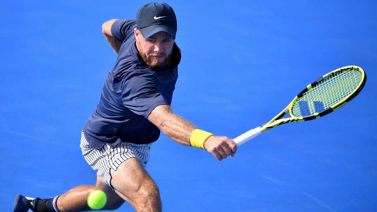 DELRAY BEACH, FLORIDA - JANUARY 11: Christian Harrison of USA in action against Gianluca Mager of Italy (not pictured) during the Quarterfinals of the Delray Beach Open by Vitacoast.com at Delray Beach Tennis Center on January 11, 2021 in Delray Beach, Florida.