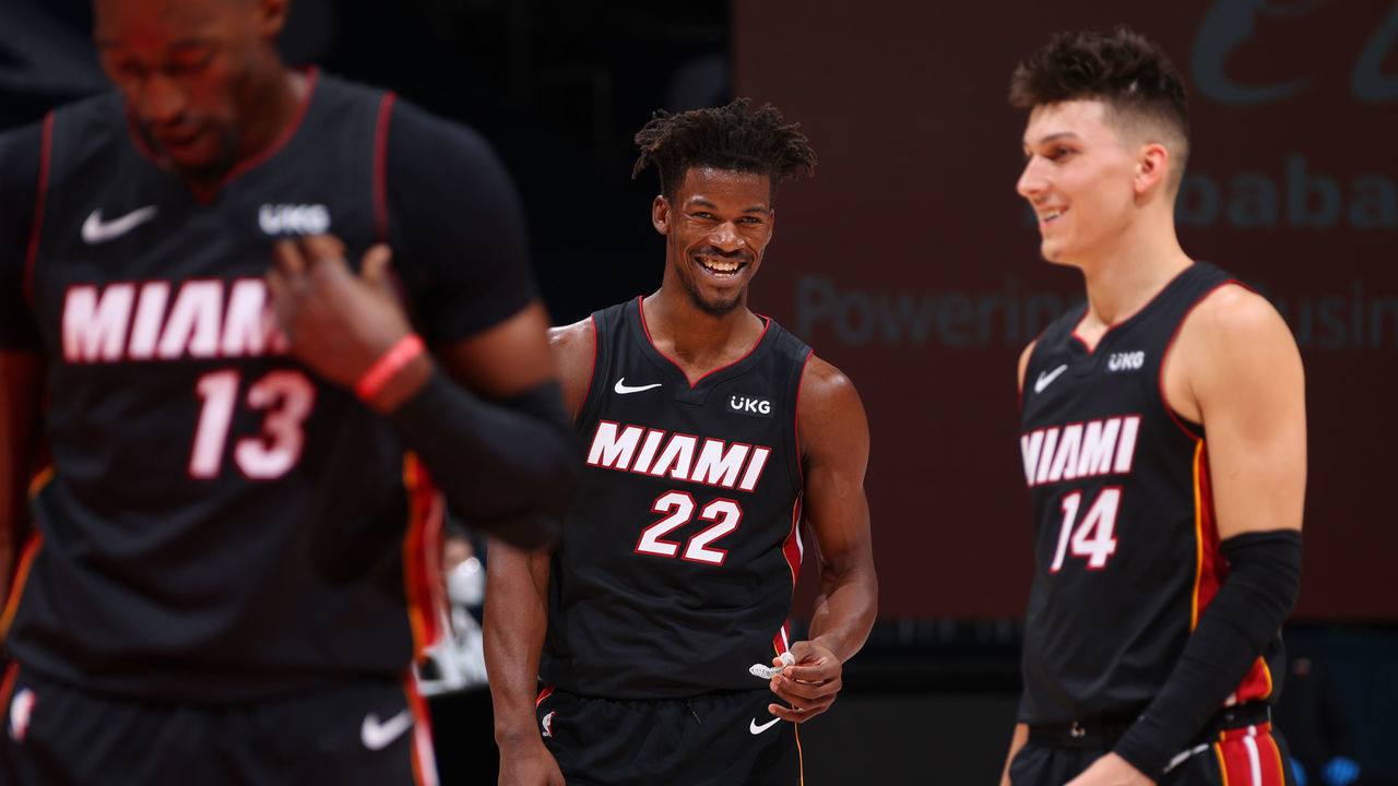 WASHINGTON, DC - JANUARY 9: Jimmy Butler #22 of the Miami Heat smiles during the game against the Washington Wizards on January 9, 2021 at Capital One Arena in Washington, DC. Mandatory Copyright Notice: Copyright 2021 NBAE