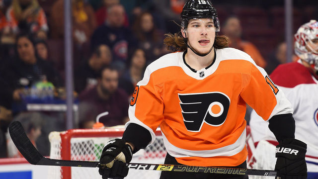 PHILADELPHIA, PA - MARCH 19: Philadelphia Flyers Center Nolan Patrick (19) looks on during the game between the Montreal Canadiens and the Philadelphia Flyers on March 19, 2019 at Wells Fargo Center in Philadelphia, PA.