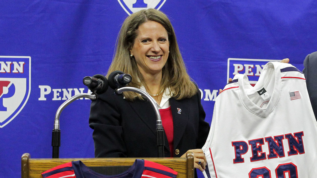 PHILADELPHIA - MARCH 17: Steve Donahue is introduced by Director of Athletics M. Grace Calhoun as the 20th head coach of men's basketball at the University of Pennsylvania at the Palestra on the campus of the University of Pennsylvania on March 17, 2015 in Philadelphia, Pennsylvania.