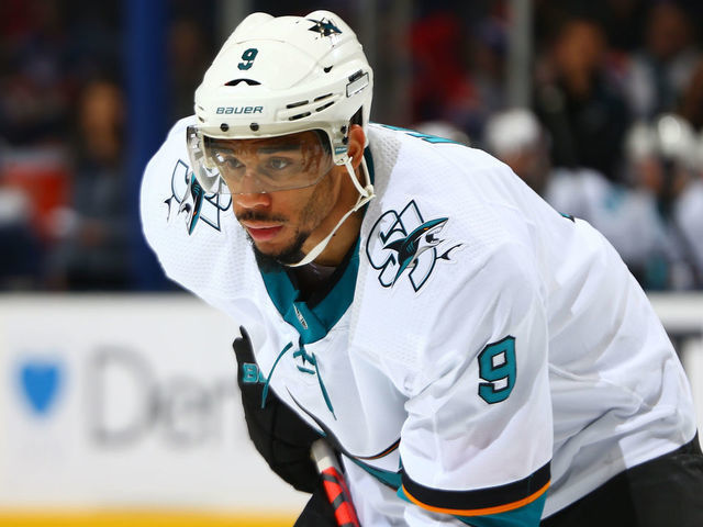 UNIONDALE, NEW YORK - FEBRUARY 23: Evander Kane #9 of the San Jose Sharks skates against the New York Islanders at NYCB Live's Nassau Coliseum on February 23, 2020 in Uniondale, New York. New York Islanders defeated the San Jose Sharks 4-1.