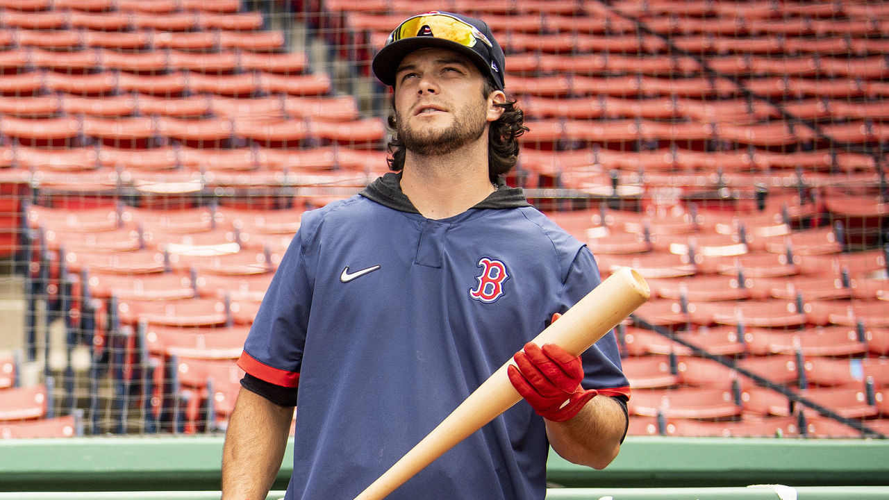 BOSTON, MA - JULY 15: Andrew Benintendi #16 of the Boston Red Sox looks on before an intrasquad game during a summer camp workout before the start of the 2020 Major League Baseball season on July 15, 2020 at Fenway Park in Boston, Massachusetts. The season was delayed due to the coronavirus pandemic.