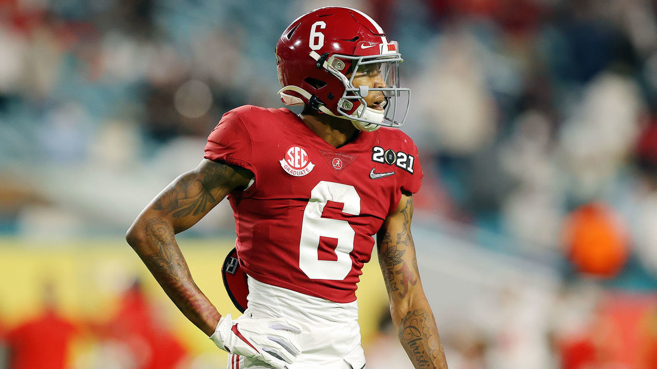 MIAMI GARDENS, FLORIDA - JANUARY 11: DeVonta Smith #6 of the Alabama Crimson Tide looks on during the first quarter of the College Football Playoff National Championship game against the Ohio State Buckeyes at Hard Rock Stadium on January 11, 2021 in Miami Gardens, Florida.