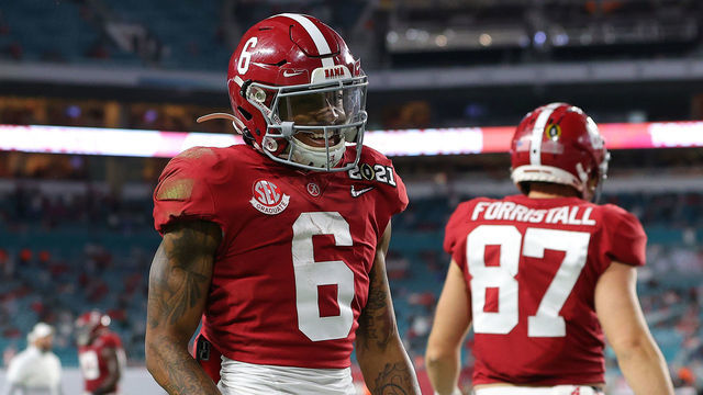 MIAMI GARDENS, FLORIDA - JANUARY 11: DeVonta Smith #6 of the Alabama Crimson Tide celebrates after a five yard touchdown during the second quarter of the College Football Playoff National Championship game against the Ohio State Buckeyes at Hard Rock Stadium on January 11, 2021 in Miami Gardens, Florida.