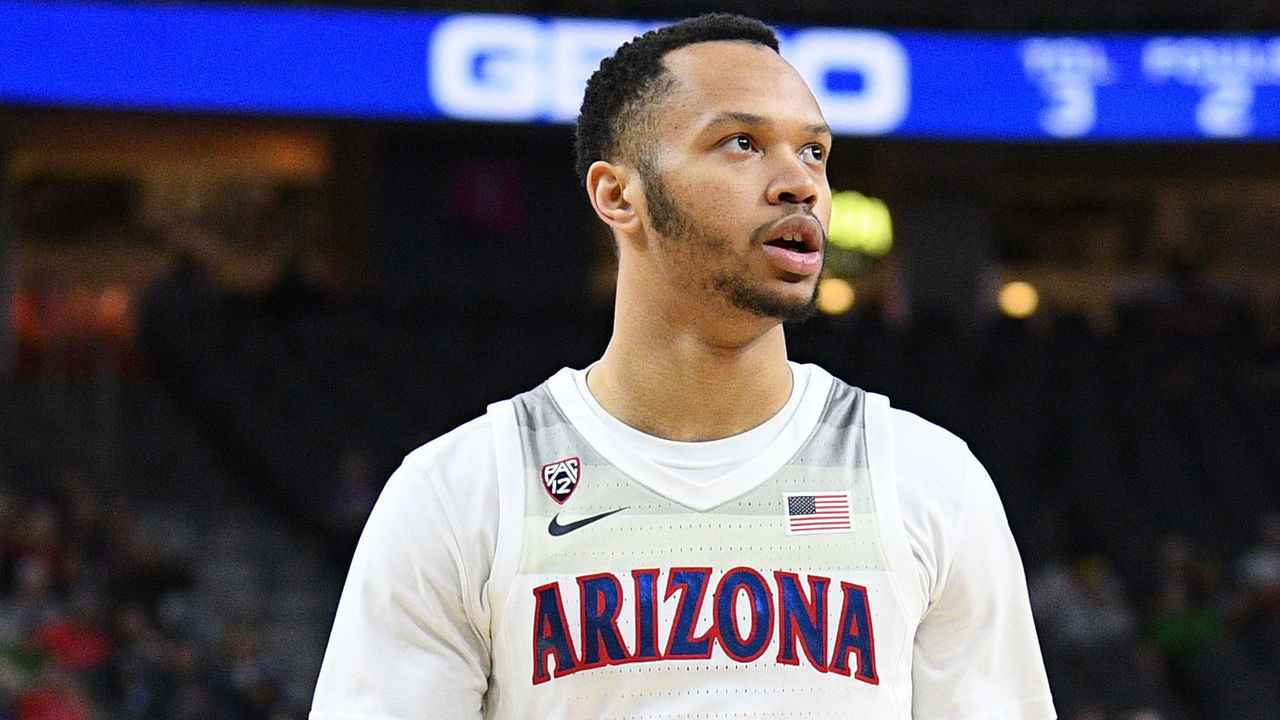LAS VEGAS, NV - MARCH 11: Arizona Wildcats guard Jemarl Baker Jr. (10) celebrates a play during the first round game of the men's Pac-12 Tournament between the Arizona Wildcats and the Washington Huskies on March 11, 2020, at the T-Mobile Arena in Las Vegas, NV.