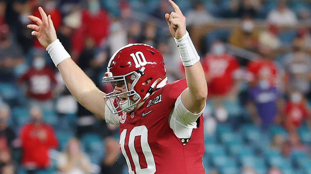 MIAMI GARDENS, FLORIDA - JANUARY 11: Mac Jones #10 of the Alabama Crimson Tide reacts to a touchdown during the first quarter of the College Football Playoff National Championship game against the Ohio State Buckeyes at Hard Rock Stadium on January 11, 2021 in Miami Gardens, Florida.