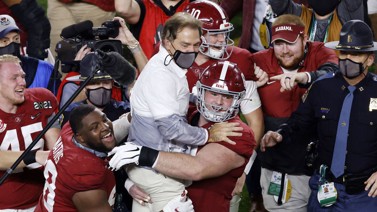 MIAMI GARDENS, FLORIDA - JANUARY 11: Head coach Nick Saban of the Alabama Crimson Tide celebrates defeating the Ohio State Buckeyes in the College Football Playoff National Championship game at Hard Rock Stadium on January 11, 2021 in Miami Gardens, Florida.