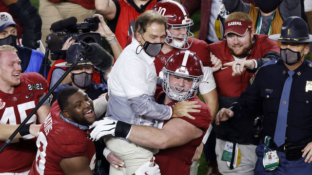 MIAMI GARDENS, FLORIDA - JANUARY 11: Head coach Nick Saban of the Alabama Crimson Tide celebrates defeating the Ohio State Buckeyes in the College Football Playoff National Championship game at Hard Rock Stadium on January 11, 2021 in Miami Gardens, Florida.