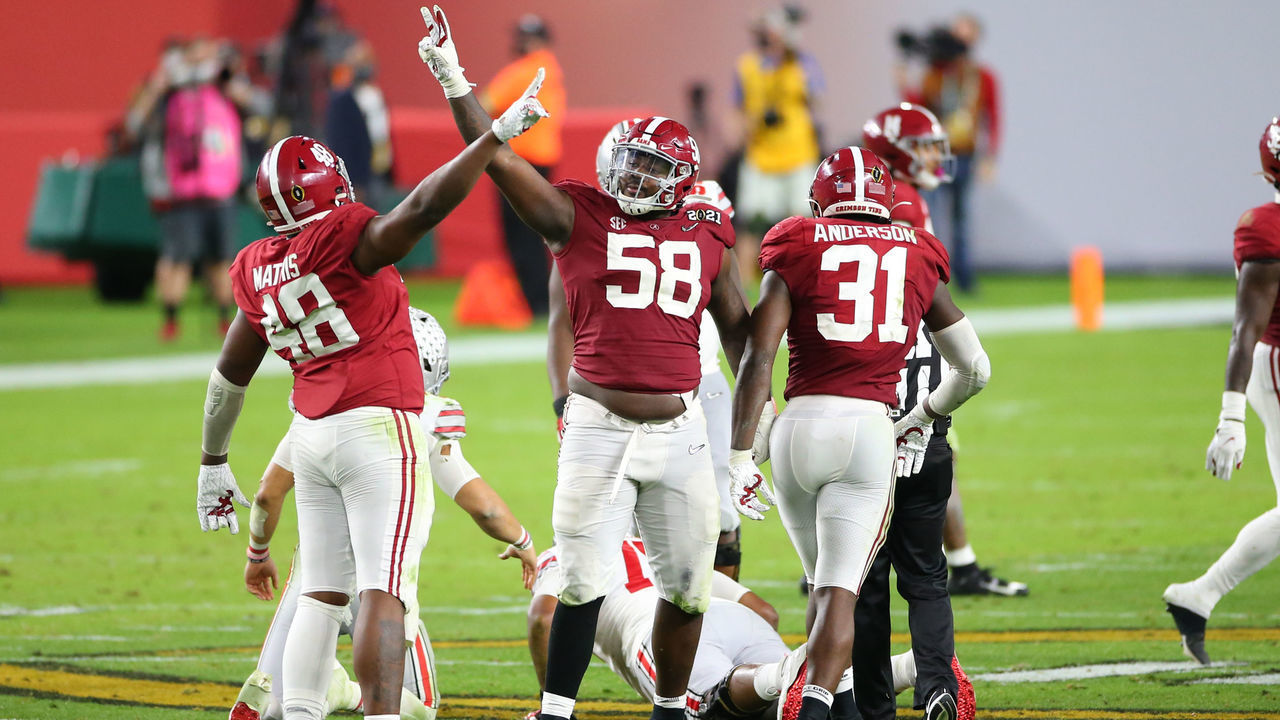 MIAMI GARDENS, FL - JANUARY 11: Alabama Crimson Tide defensive lineman Christian Barmore (58) reacts after a play during the CFP National Championship game between the Alabama Crimson Tide and the Ohio State Buckeyes on January 11, 2021 at Hard Rock Stadium in Miami Gardens, Fl.