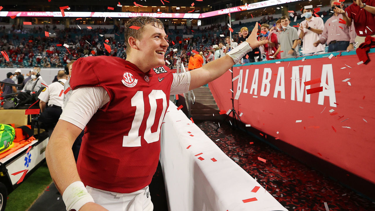 MIAMI GARDENS, FLORIDA - JANUARY 11: Mac Jones #10 of the Alabama Crimson Tide celebrates defeating the Ohio State Buckeyes 52-24 in the College Football Playoff National Championship game at Hard Rock Stadium on January 11, 2021 in Miami Gardens, Florida.