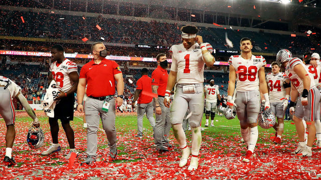 MIAMI GARDENS, FLORIDA - JANUARY 11: Justin Fields #1 of the Ohio State Buckeyes leaves the field following the College Football Playoff National Championship game against the Alabama Crimson Tide at Hard Rock Stadium on January 11, 2021 in Miami Gardens, Florida.