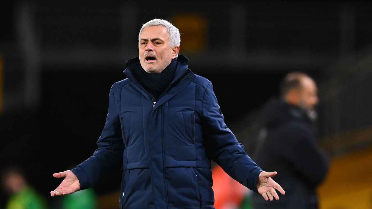 WOLVERHAMPTON, ENGLAND - DECEMBER 27: Jose Mourinho the head coach / manager of Tottenham Hotspur reacts during the Premier League match between Wolverhampton Wanderers and Tottenham Hotspur at Molineux on December 27, 2020 in Wolverhampton, United Kingdom. The match will be played without fans, behind closed doors as a Covid-19 precaution.