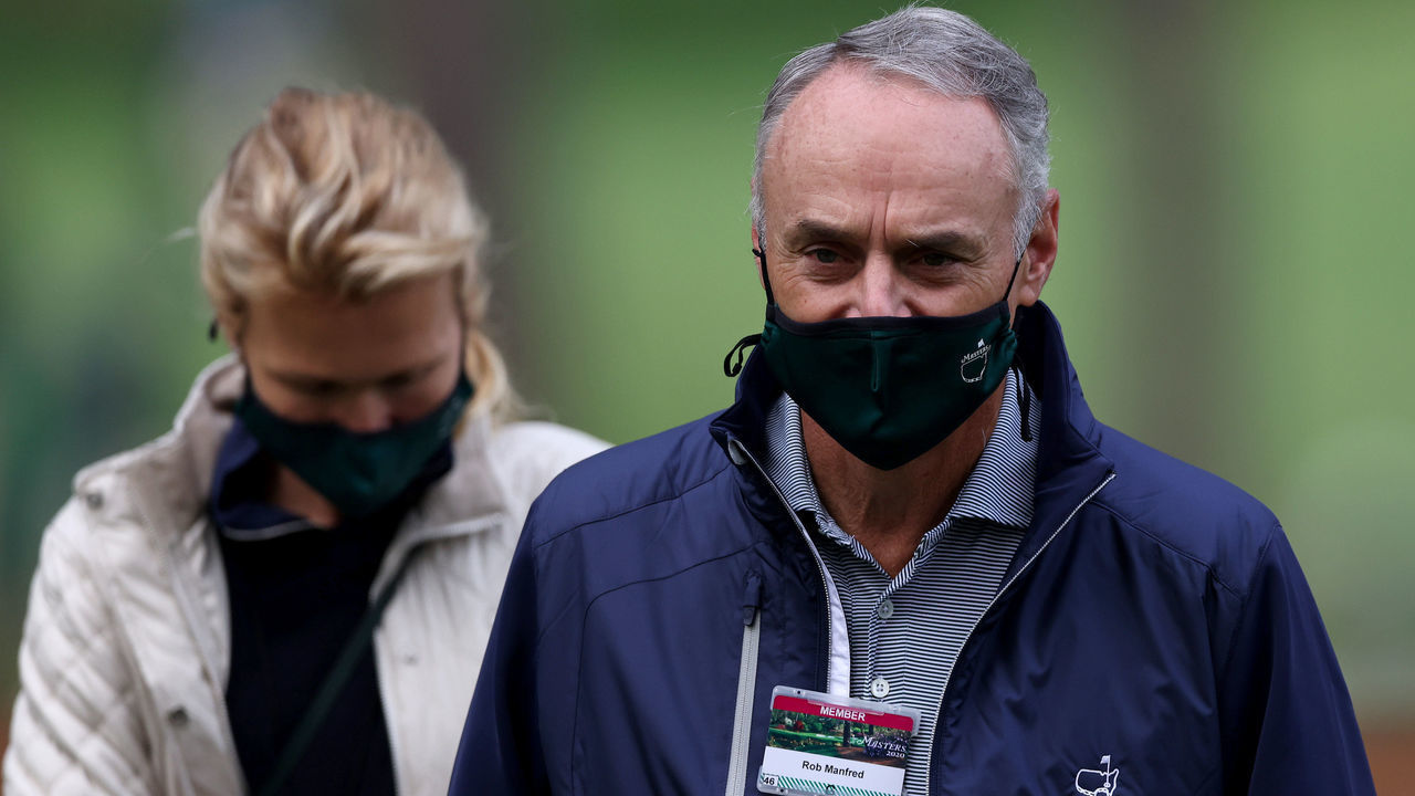 AUGUSTA, GEORGIA - NOVEMBER 14: MLB Commissioner Rob Manfred looks on during the continuation of the second round of the Masters at Augusta National Golf Club on November 14, 2020 in Augusta, Georgia.