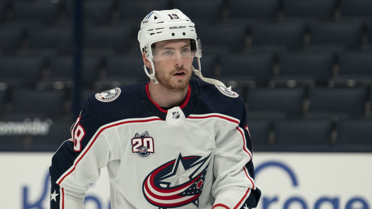 COLUMBUS, OH - JANUARY 10: Pierre-Luc Dubois #18 of the Columbus Blue Jackets during an inner squad scrimmage game held at Nationwide Arena in Columbus, Ohio on January 10, 2021.