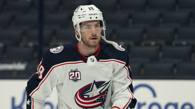 COLUMBUS, OH - JANUARY 10: Pierre-Luc Dubois #18 of the Columbus Blue Jackets during an inner squad scrimmage game held at Nationwide Arena in Columbus, Ohio on January 10, 2021.