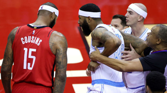 HOUSTON, TEXAS - JANUARY 10: Markieff Morris #88 of the Los Angeles Lakers reacts towards DeMarcus Cousins #15 of the Houston Rockets before being ejected during the first quarter of a game at Toyota Center on January 10, 2021 in Houston, Texas.