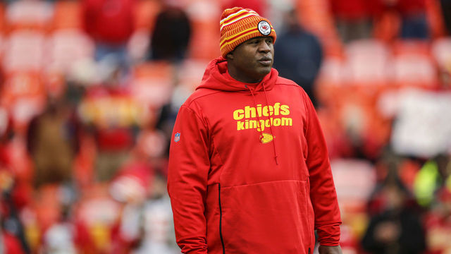 KANSAS CITY, MO - DECEMBER 29: Kansas City Chiefs offensive coordinator Eric Bieniemy watches pregame warmups prior to the game against the Los Angeles Chargersat Arrowhead Stadium on December 29, 2019 in Kansas City, Missouri.