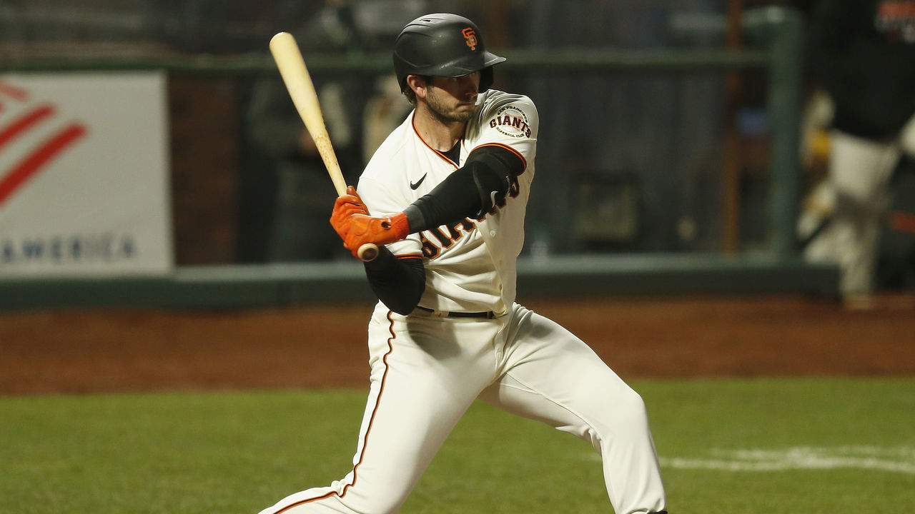 SAN FRANCISCO, CALIFORNIA - SEPTEMBER 23: Daniel Robertson #2 of the San Francisco Giants at bat against the Colorado Rockies at Oracle Park on September 23, 2020 in San Francisco, California.