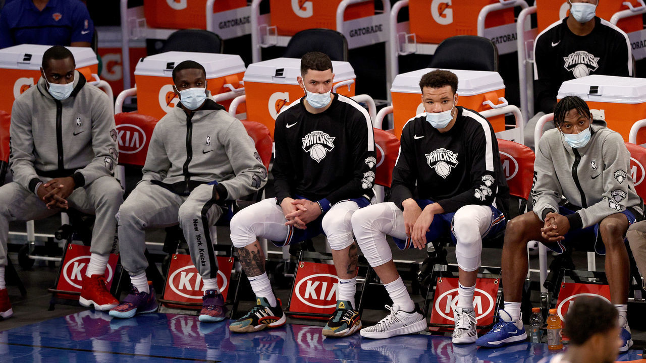 NEW YORK, NEW YORK - JANUARY 10: The New York Knicks bench looks on in the second half against the Denver Nuggets at Madison Square Garden on January 10, 2021 in New York City.