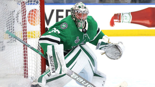 EDMONTON, ALBERTA - SEPTEMBER 28: Goaltender Anton Khudobin #35 of the Dallas Stars defends his net in the first period of Game Six of the NHL Stanley Cup Final between the Tampa Bay Lightning and the Dallas Stars at Rogers Place on September 28, 2020 in Edmonton, Alberta, Canada.