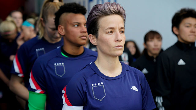 FRISCO, TX - MARCH 11: Megan Rapinoe #15 and her USWNT walk out during a game between Japan and USWNT at Toyota Stadium on March 11, 2020 in Frisco, Texas.