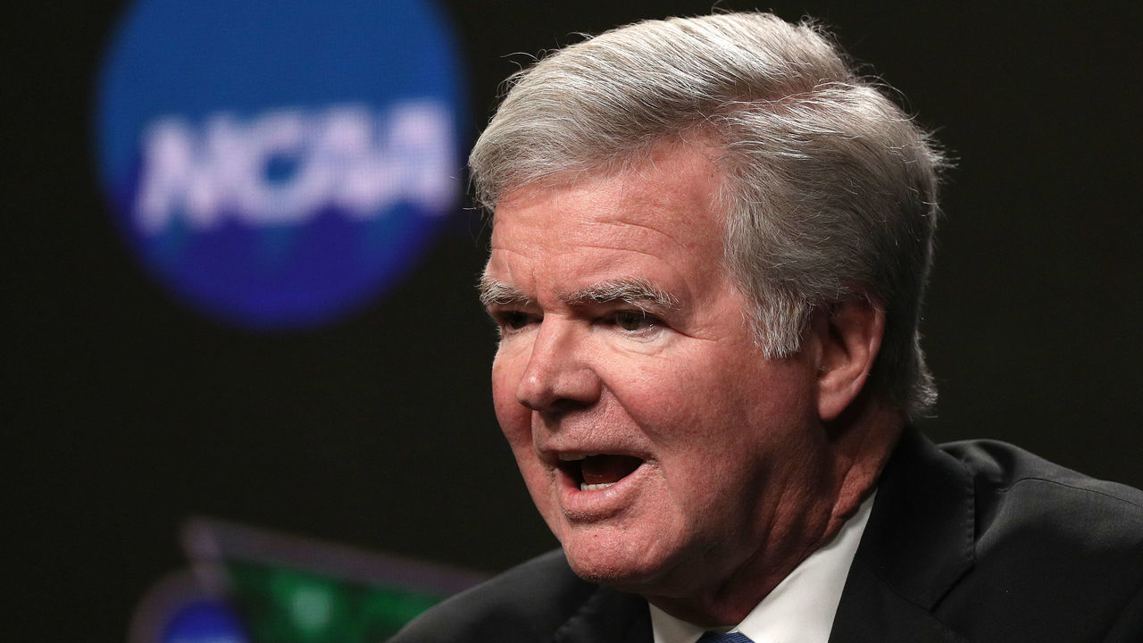 MINNEAPOLIS, MINNESOTA - APRIL 04: President of the National Collegiate Athletic Association Mark Emmert speaks to the media ahead of the Men's Final Four at U.S. Bank Stadium on April 04, 2019 in Minneapolis, Minnesota.