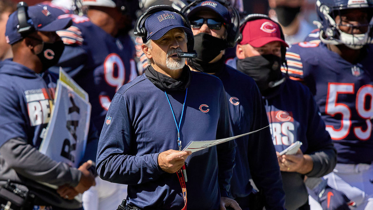 CHICAGO, IL - SEPTEMBER 20: Chicago Bears defensive coordinator Chuck Pagano talks into his headset in action during a game between the Chicago Bears and the New York Giants on September 20, 2020 at Soldier Field in Chicago, IL.