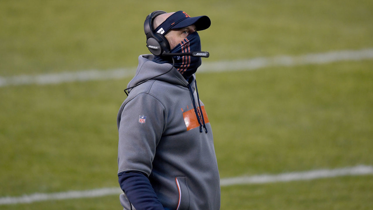 CHICAGO, ILLINOIS - JANUARY 03: Head coach Matt Nagy of the Chicago Bears looks on from the sidelines against the Green Bay Packers during the first quarter in the game at Soldier Field on January 03, 2021 in Chicago, Illinois.
