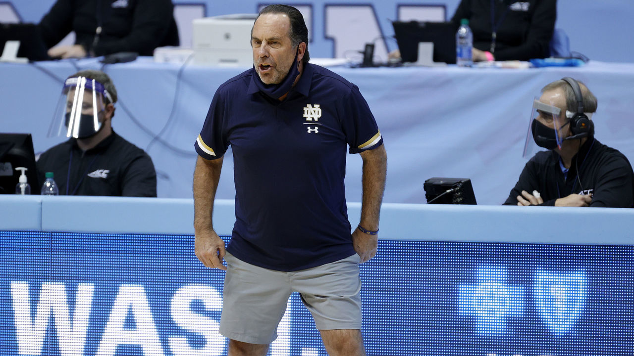 CHAPEL HILL, NORTH CAROLINA - JANUARY 02: Head coach Mike Brey of the Notre Dame Fighting Irish reacts following a play during the first half of their game against the North Carolina Tar Heels at Dean Smith Center on January 02, 2021 in Chapel Hill, North Carolina.