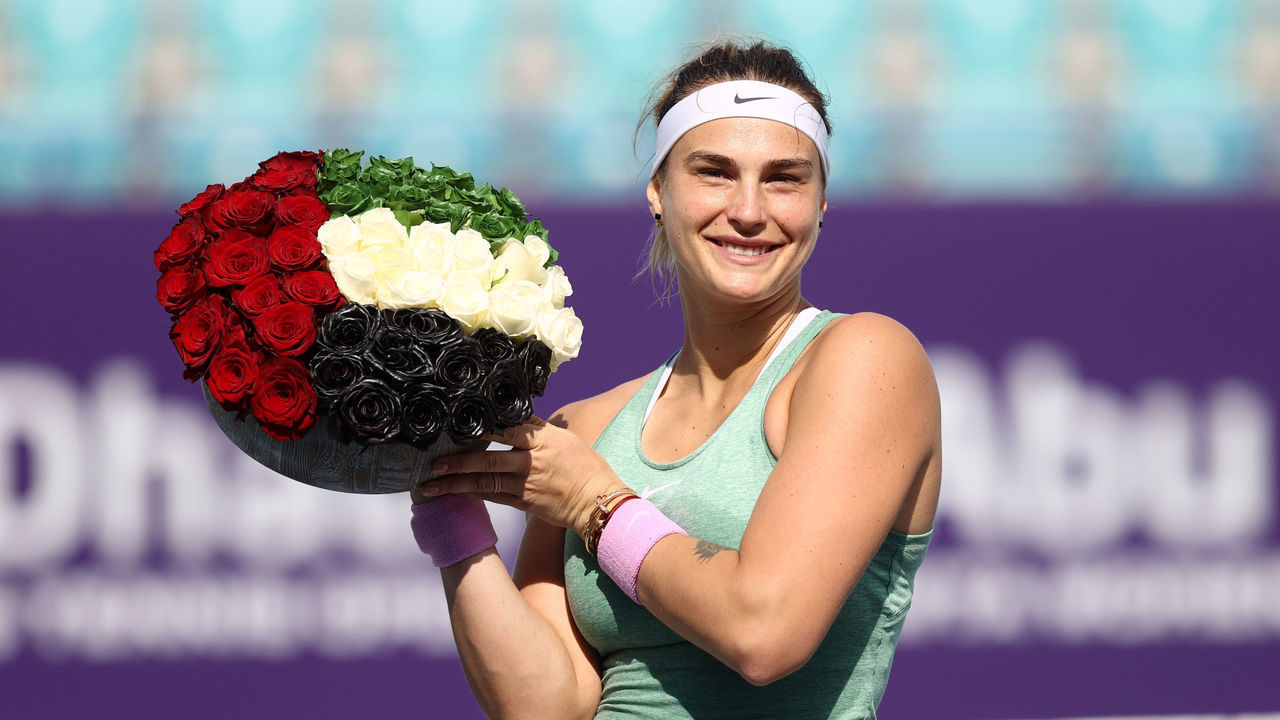 ABU DHABI, UNITED ARAB EMIRATES - JANUARY 13: Aryna Sabalenka of Belarus celebrates victory over Veronika Kudermetova of Russia after winning the women's singles final match on Day Eight of the Abu Dhabi WTA Women's Tennis Open at Zayed Sports City on January 13, 2021 in Abu Dhabi, United Arab Emirates.