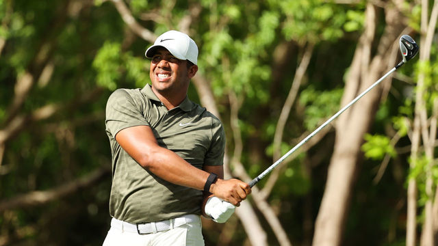 PLAYA DEL CARMEN, MEXICO - DECEMBER 05: Jhonattan Vegas of Venezuela plays his shot from the first tee during the third round of the Mayakoba Golf Classic at El Camaleón Golf Club on December 05, 2020 in Playa del Carmen, Mexico.