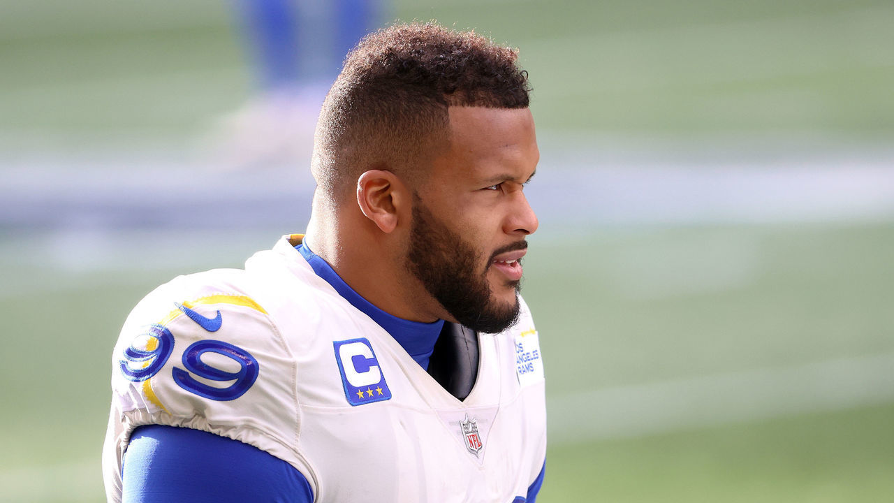 SEATTLE, WASHINGTON - JANUARY 09: Aaron Donald #99 of the Los Angeles Rams looks on the NFC Wild Card Playoff game against the Seattle Seahawks at Lumen Field on January 09, 2021 in Seattle, Washington.