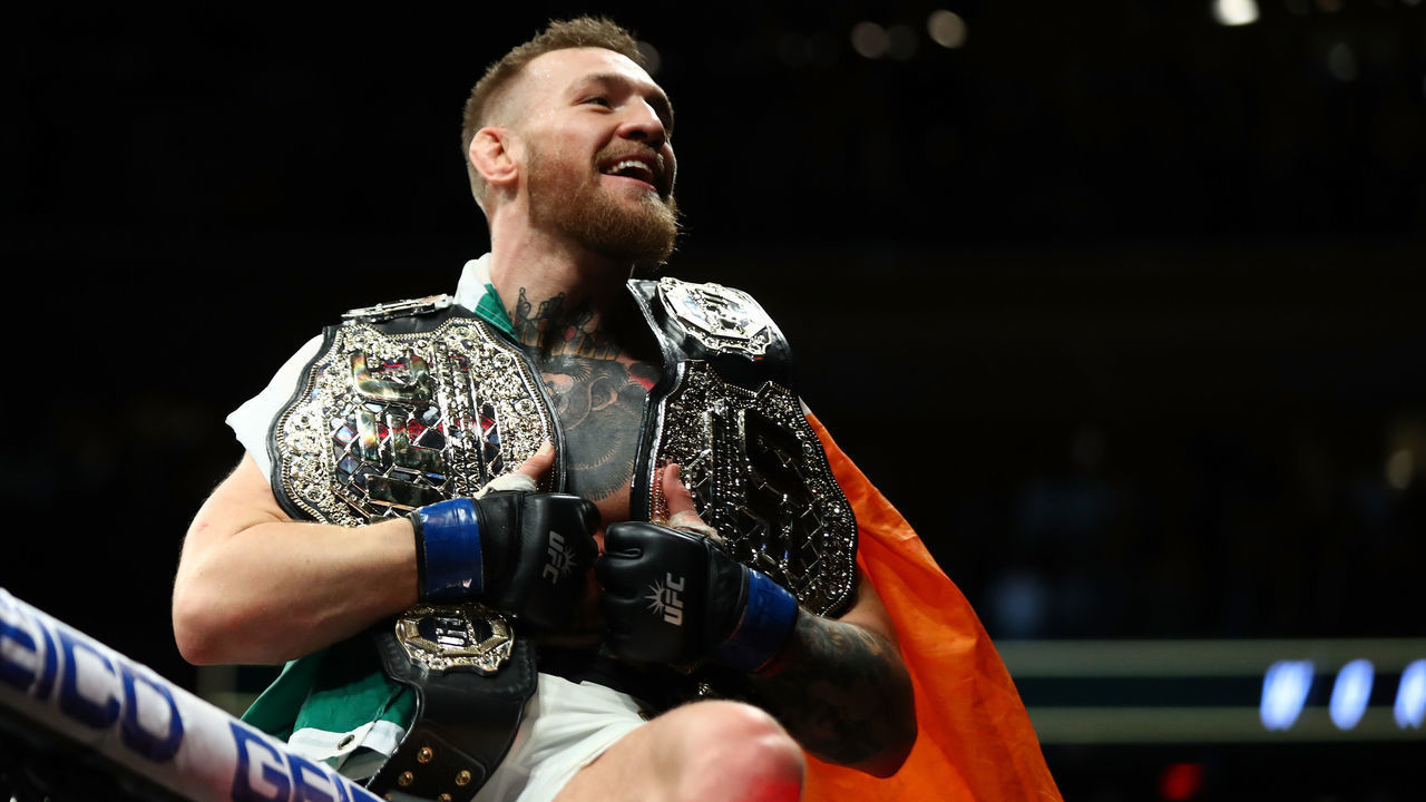 NEW YORK, NY - NOVEMBER 12: Conor McGregor of Ireland celebrates his KO victory over Eddie Alvarez of the United States in their lightweight championship bout during the UFC 205 event at Madison Square Garden on November 12, 2016 in New York City.