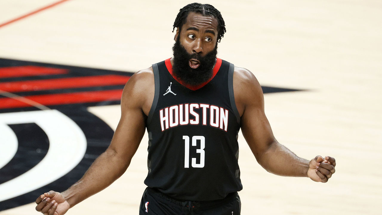 PORTLAND, OREGON - DECEMBER 26: James Harden #13 of the Houston Rockets reacts toward the referee during the first quarter against the Portland Trail Blazers at Moda Center on December 26, 2020 in Portland, Oregon. NOTE TO USER: User expressly acknowledges and agrees that, by downloading and/or using this photograph, user is consenting to the terms and conditions of the Getty Images License Agreement.