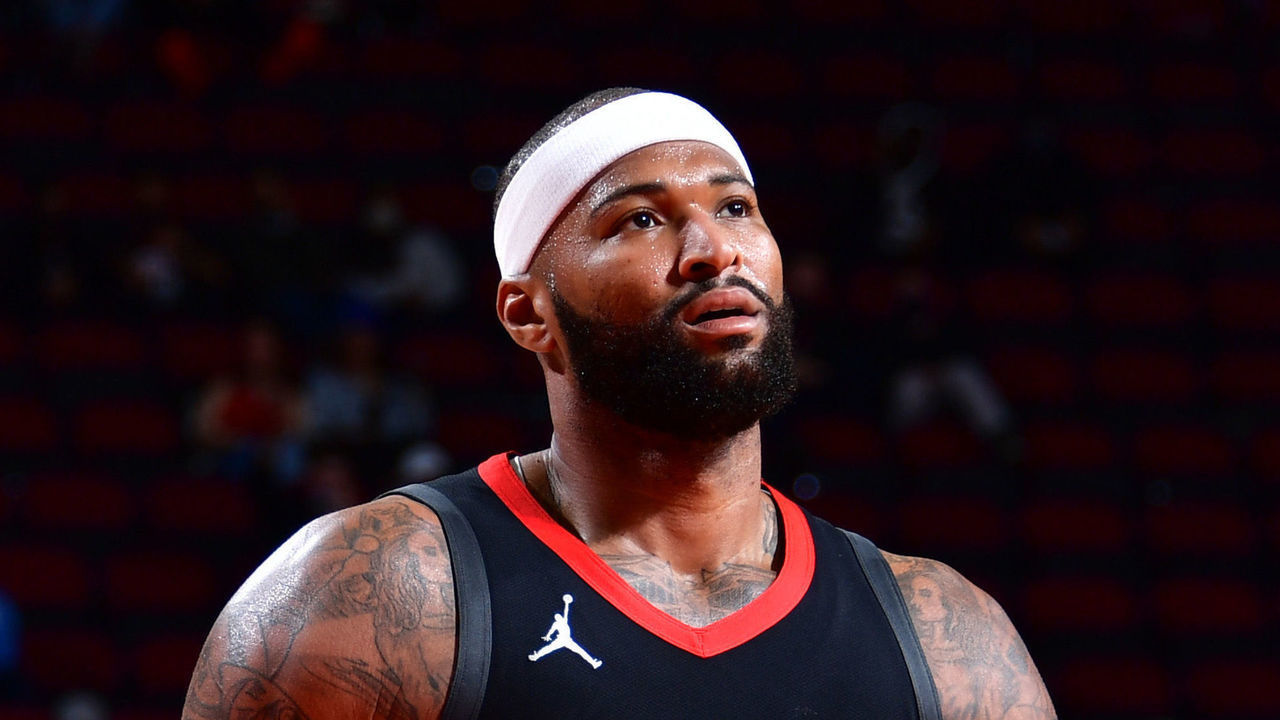 HOUSTON, TX - JANUARY 4: DeMarcus Cousins #15 of the Houston Rockets looks on during the game against the Dallas Mavericks on January 4, 2021 at the Toyota Center in Houston, Texas. Mandatory Copyright Notice: Copyright 2021 NBAE