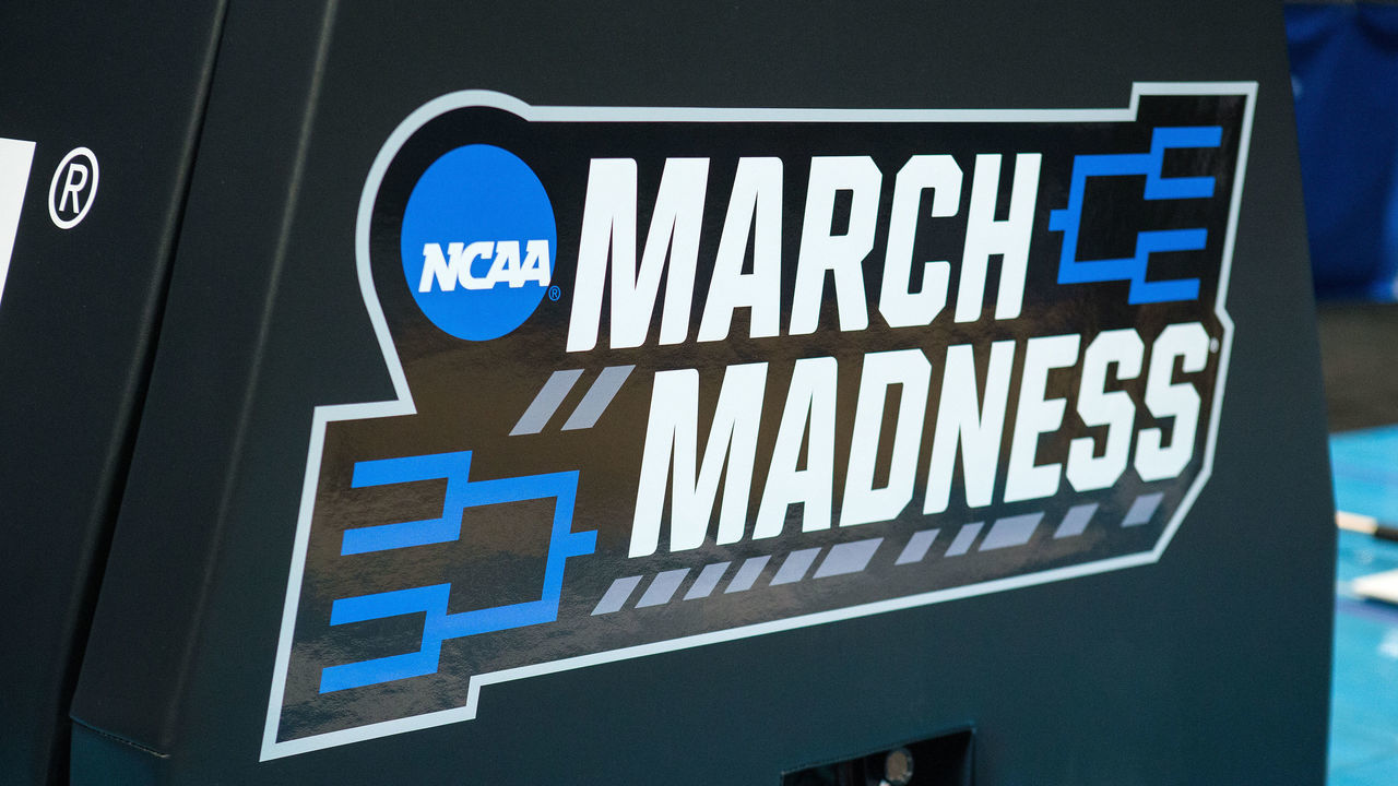 HARTFORD, CT - MARCH 21: A general view of the NCAA logo during the first round of March Madness on March 21, 2019, at XL Center in Hartford, CT.