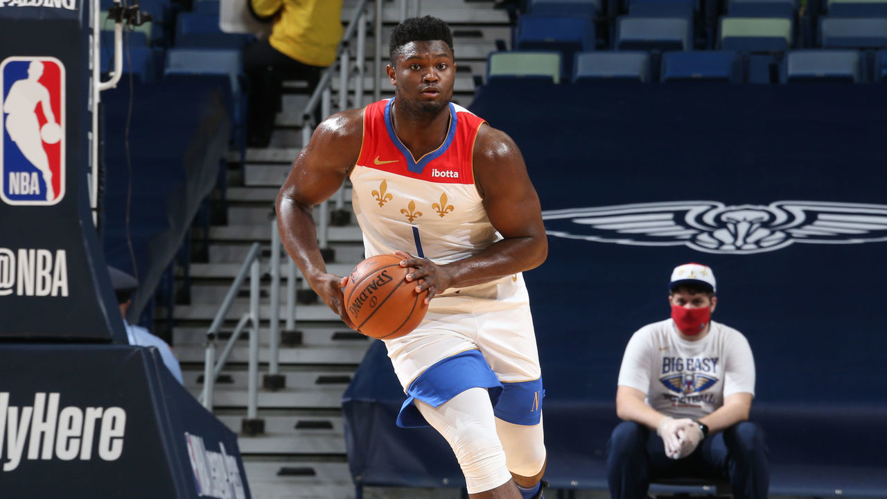 NEW ORLEANS, LA - JANUARY 8: Zion Williamson #1 of the New Orleans Pelicans dribbles during the game against the Charlotte Hornets on January 8, 2021 at the Smoothie King Center in New Orleans, Louisiana. Mandatory Copyright Notice: Copyright 2021 NBAE