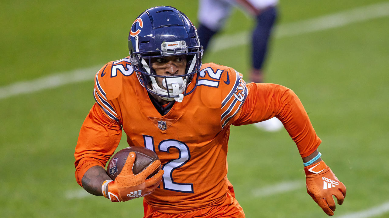 CHICAGO, IL - OCTOBER 04: Chicago Bears Wide Receiver Allen Robinson (12) runs with the football in game action during a NFL game between the Chicago Bears and the Indianapolis Colts on October 4th, 2020, at Soldier Field in Chicago, IL.