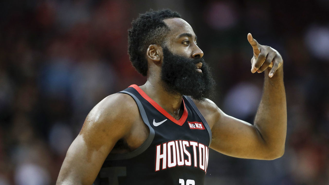 HOUSTON, TX - NOVEMBER 27: James Harden #13 of the Houston Rockets celebrates after a three point shot in the first half against the Miami Heat at Toyota Center on November 27, 2019 in Houston, Texas.