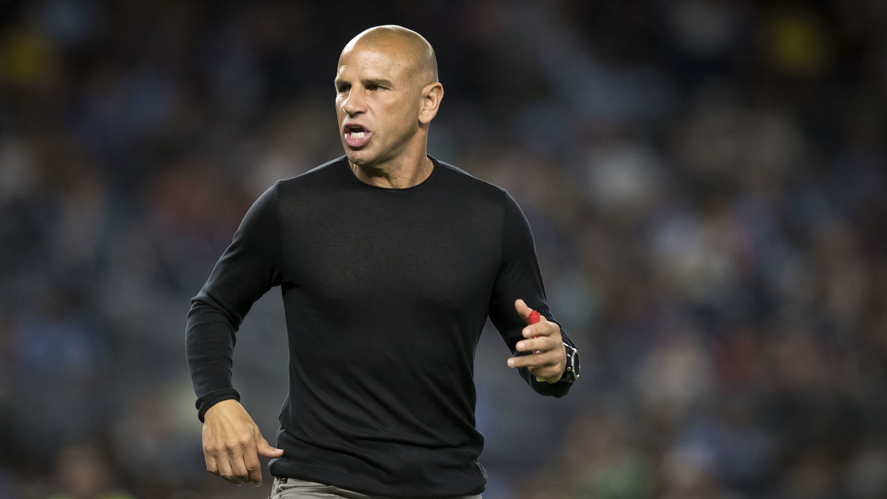 BRONX, NY - AUGUST 24: Chris Armas Head Coach of New York Red Bulls runs out to the pitch for the 2nd half of the MLS Heineken Rivalry Week match between New York City FC and New York Red Bulls at Yankee Stadium on August 24, 2019 in the Bronx Borough of NY, USA. This was the 2nd leg of the New York Hudson River Derby.